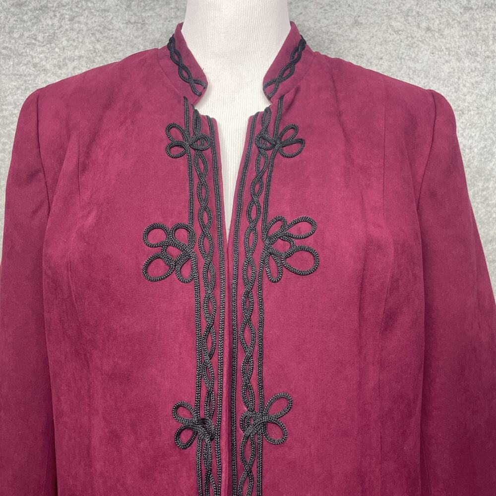 Dress Barn XL Burgundy Faux Suede Jacket w/Black Scrollwork Embroidery Mandarin - Picture 2 of 10